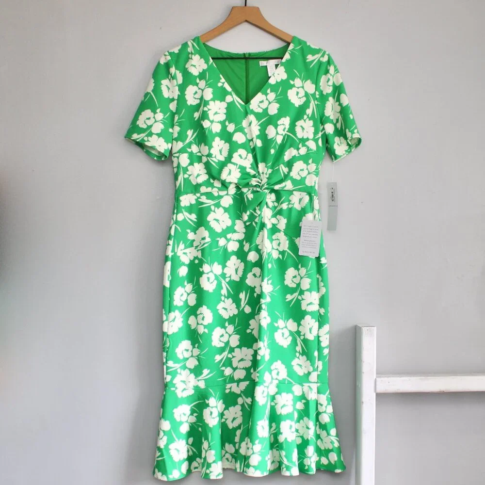 LONDON TIMES Twisted Sheath Floral Short Sleeve Dress Green & White Size 8 NWT - Picture 2 of 8